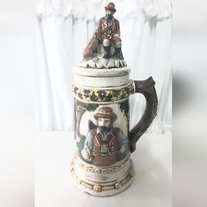 Cream and Brown Ceramic Art Stein with Pastoral Relief